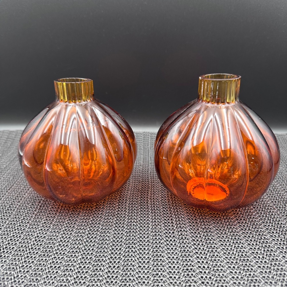 Target Amber Glass Pumpkin Bud Vases Set of 2 Orange Ribbed Fall Decor T2077